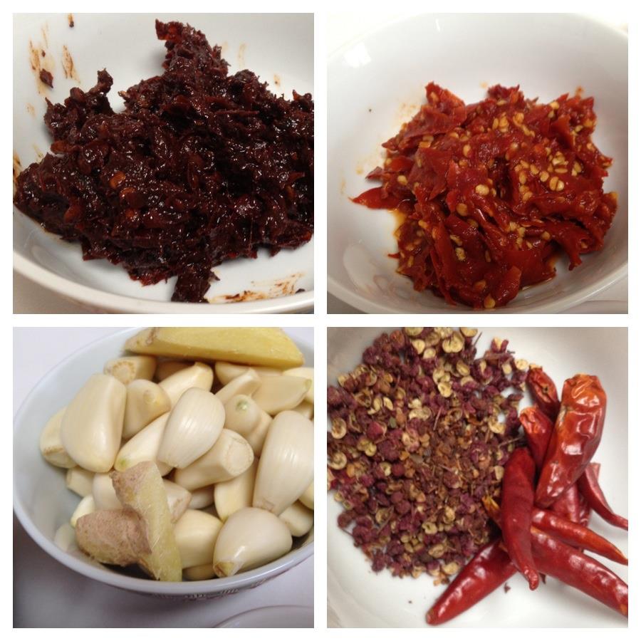 郫县豆瓣，糍粑海椒，干海椒，花椒，姜